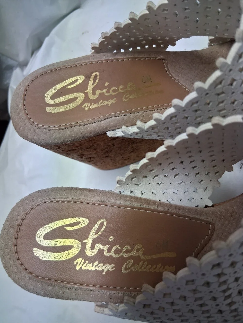 Sbicca White Woven Cork Wedge Slide Sandals Women's Size 6M Preowned